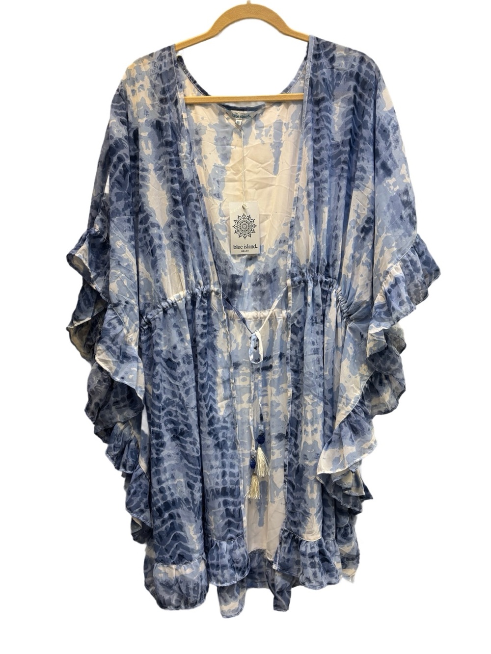 Blue Island Beach Blue & White Tie Dye Ruffle Kimono Coverup NWT 1X 🌊